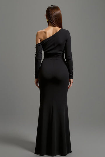 Black One Shoulder Satin Long Formal Dress with Sleeves